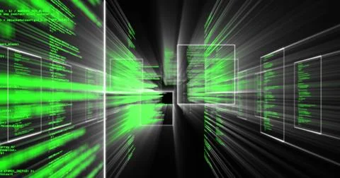 Streaming green code and floating white wireframes converging in virtual tunnel, Stock Illustration