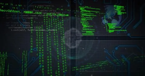 Streaming green code column in virtual interface, with code panels, circuit Stock Photos