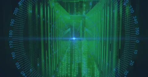 Streaming green numeric code through server corridor, with server racks, blue Foto stock