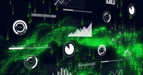 Streaming green waveform centered on dashboard with pie dial, showing binary 스톡 사진