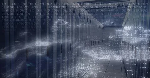 Streaming holographic binary data flowing down data center aisle, with server Stock Photos