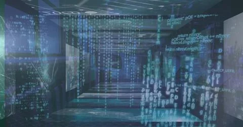 Streaming holographic code streams covering central corridor in research Foto stock