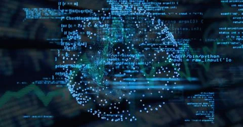 Streaming holographic globe and code fragments in dashboard, showing data Photos