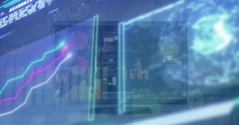 Streaming holographic interface in control room, showing line, bar and pie Fotos de archivo