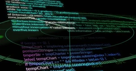 Streaming holographic JavaScript code at virtual interface with gridlines, Stock Illustration