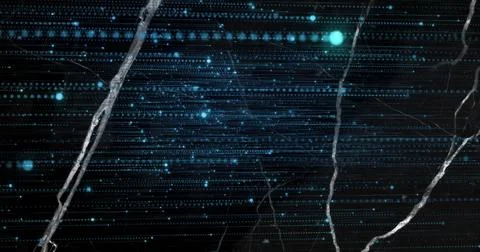 Streaming horizontal cyan-dot-dash matrix flowing across dark backdrop with Stock Illustration