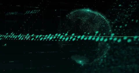 Streaming horizontal data stream merging into dotted globe on dark interface, Fotos de archivo