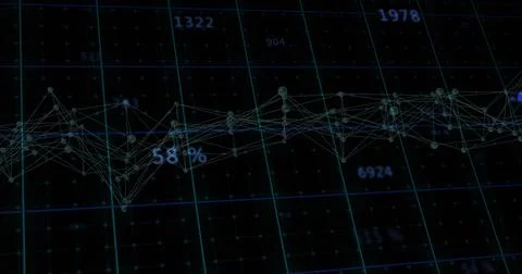 Streaming incoming data driving wireframe network on dark blue grid, showing Stock Photos
