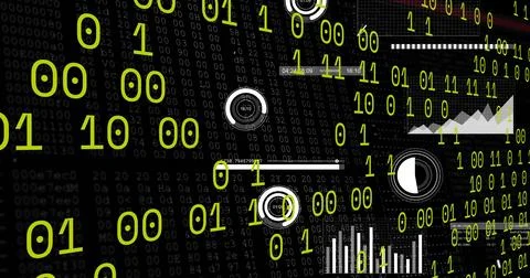 Streaming large neon-green binary digits flowing across virtual dashboard, Stock Illustration