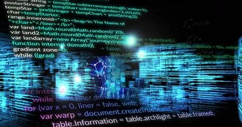 Streaming layered code and glowing data streams pulsing through virtual 스톡 사진
