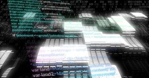 Streaming layered JavaScript-like code and binary digits over glowing tile grid Stock Illustration