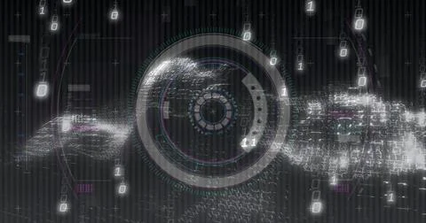 Streaming lens showing binary digits over grid-like code in digital scene, with イラスト素材