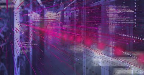 Streaming light streaks down data center aisle between server racks, with code Foto stock