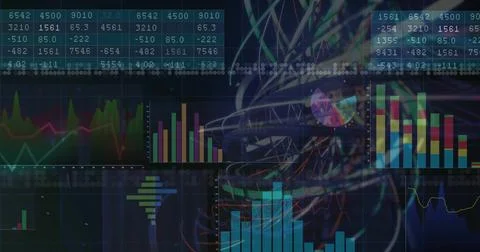 Streaming live feed, data dashboard updating bars, lines, tables in virtual Stock Illustration