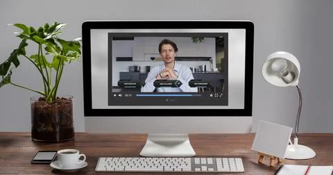 Streaming man in button-up shirt gesturing on desktop monitor at home with Illustrazione stock