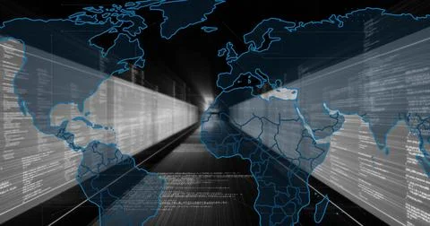 Streaming neon-blue world map outlines flowing through virtual data tunnel, with 写真素材