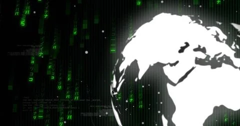 Streaming neon code cascading left, stylized globe glowing with rim on right, Stock Illustration