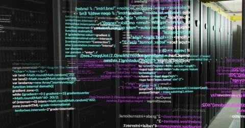 Streaming neon code overlays across central server racks in data center Stock Illustration