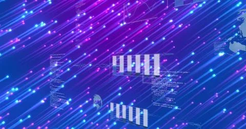Streaming neon diagonal light streaks across data network, with code snippets Stock Illustration