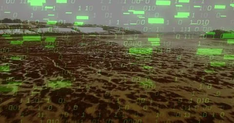 Streaming neon-green binary code overlay flowing across dry mudflat in 스톡 사진