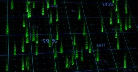 Streaming neon green binary streams flowing over teal-blue 3D grid plane, Stock Illustration