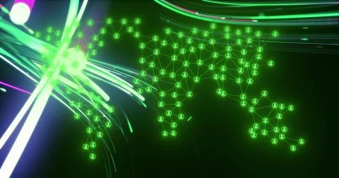 Streaming neon green network pulsing across virtual space, showing glowing nodes Illustrazione stock