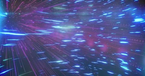 Streaming neon light streaks converging through digital tunnel, with glowing Stock Illustration