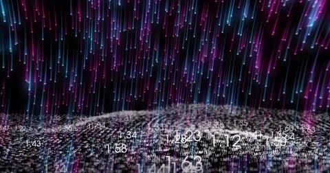 Streaming neon lines falling over dense number pointcloud forming data hill in Illustrazione stock