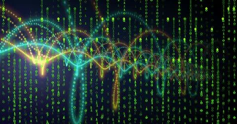 Streaming neon sine waveforms and dotted particles moving in data stream with 스톡 일러스트