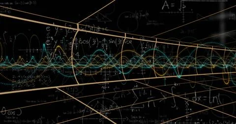 Streaming neon waveforms with floating math symbols through dark 3D corridor, Stock Illustration