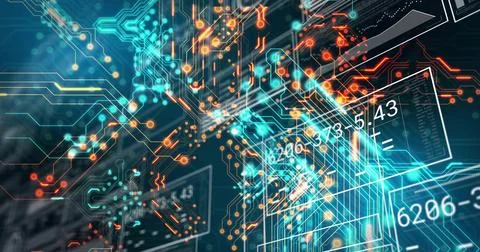 Streaming network cluster routing teal orange traces through cyberspace with Stock Illustration