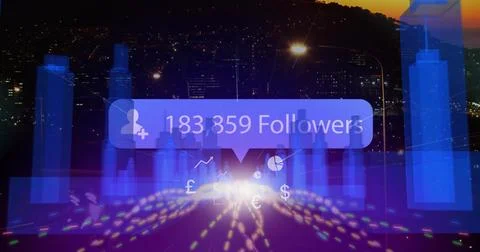 Streaming notification bubble with user silhouette over city skyline with charts Stock Photos