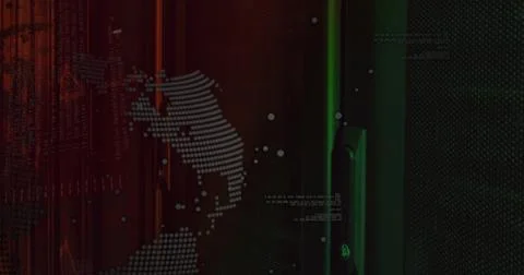 Streaming numeric code lines cascading over red gradient in data center, with Stock Illustration