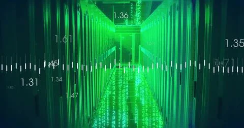 Streaming numeric overlays down central data center corridor, with server racks, Illustrazione stock