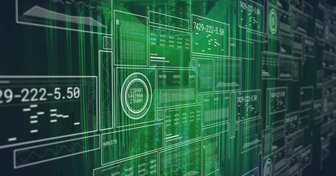 Streaming numeric readouts on translucent panels in virtual control interface, Stock Illustration
