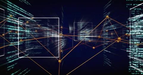 Streaming orange nodes linking with thin lines through deep 3D space, showing 库存插图