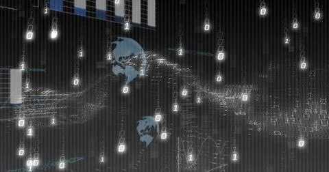 Streaming particle wave and binary digits flowing in digital dashboard, with two 스톡 일러스트