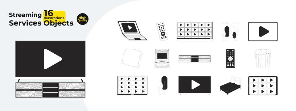 Streaming platform watching black and white 2D line cartoon objects bundle Stock Illustration