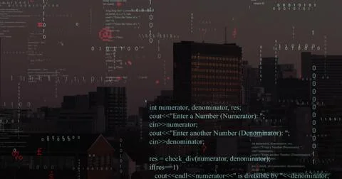 Streaming programming code overlay glowing over high-rise office towers at du 스톡 사진