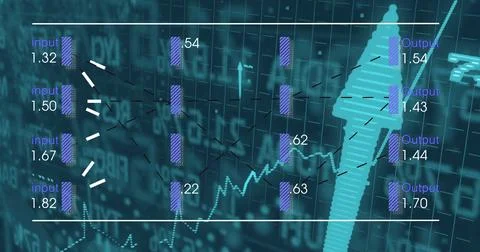 Streaming purple input bars through nodes on teal dashboard, using dashed lines Foto stock