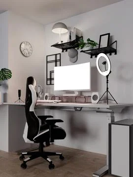 Streaming room design featuring modern equipment and stylish decor. 3D render Stock Illustration
