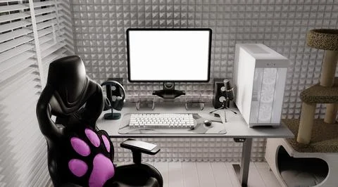 Streaming room design featuring a sleek computer setup and gaming chair. 3D 스톡 일러스트