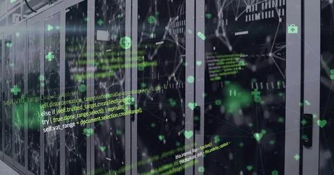 Streaming row of server racks showing green code in data center aisle, with Stock Photos