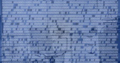 Streaming rows of binary digits scrolling across blue gradient interface, with 스톡 사진