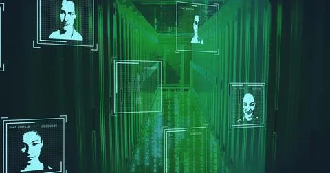 Streaming server rack corridor at data center, with cascading binary code, user 스톡 사진