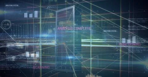 Streaming server rack showing bar charts, code and text labels in digital grid, Photos
