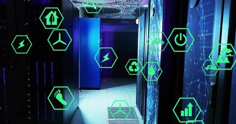 Streaming server racks emitting blue LEDs under cable trays in cooled data Stock Photos