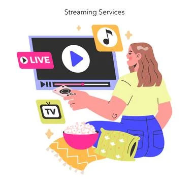 Streaming Services concept Relaxed user curates personal entertainment from live Stock Illustration