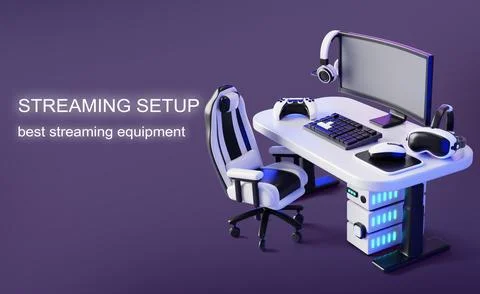 Streaming setup 3d purple web banner. Workplace of game streamer with computer Illustrazione stock