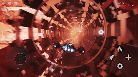 Streaming the ship travelling through space in the mobile phone action game Stock Footage 241119978